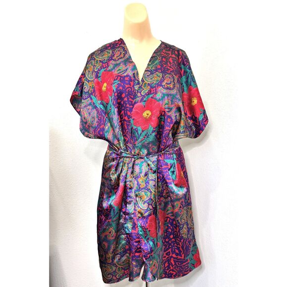 Womens California Miss Y2K Kimono Robe Nightgown Satin Med Floral Sexy USA Vtg - Picture 3 of 10